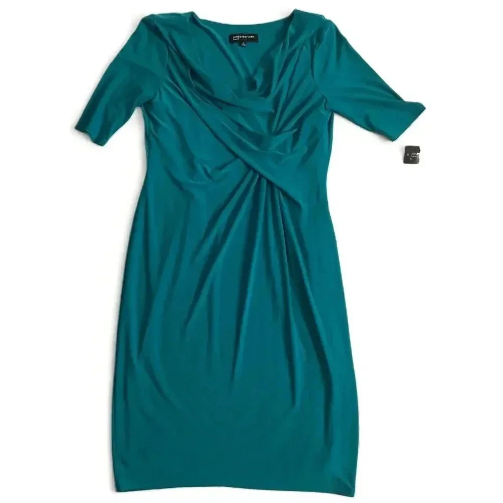 NEW Jones New York Teal Knee Length 34 Sleeve Ruched Detail‎ Dress Size 10